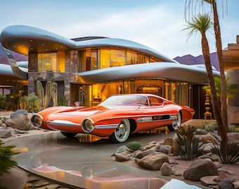Retro-Futuristic Mid Century Modern Home Sci-fi Fifties Car Palm Springs Photo-Realistic Space Atomic Age