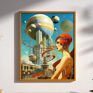 Retro Futuristic Art Nouveau Goddess Print Poster Wall Art Decor Science Fiction Retrofuturism Wall Art Female Astronaut Aesthetic Art