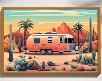 Desert Retro Camper Mid-Century Modern Coastal Vintage RV Art Print Poster Wall Decor Camping