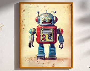May include: A vintage-style robot toy with a red body, blue legs, and a yellow face. The robot has a large antenna and a small antenna on its head. The robot is standing on a brown background.