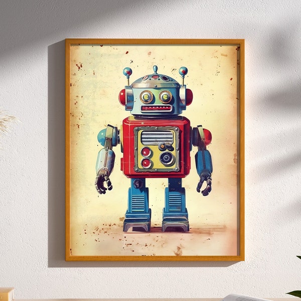 Vintage Sci-fi Retro Toy Robot Art Print Poster Wall Decor 1950’s Mid Century Modern Tin Toy Robot