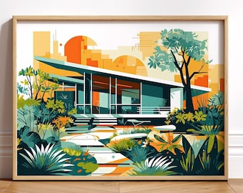 May include: A framed art print featuring a mid-century modern house with a flat roof and large windows. The artwork uses a vibrant color palette of teal, orange, and green, depicting the house surrounded by lush landscaping and a stylized cityscape in the background.