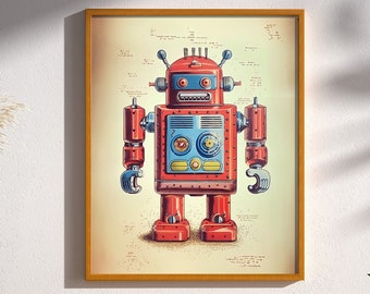 May include: A vintage-style illustration of a red robot with blue and yellow details. The robot is standing on a beige background with a diagram of its parts.