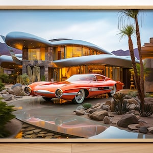 May include: A bright orange vintage sports car parked in front of a modern, futuristic home with a curved roof. The home is surrounded by desert landscaping with palm trees and rocks.