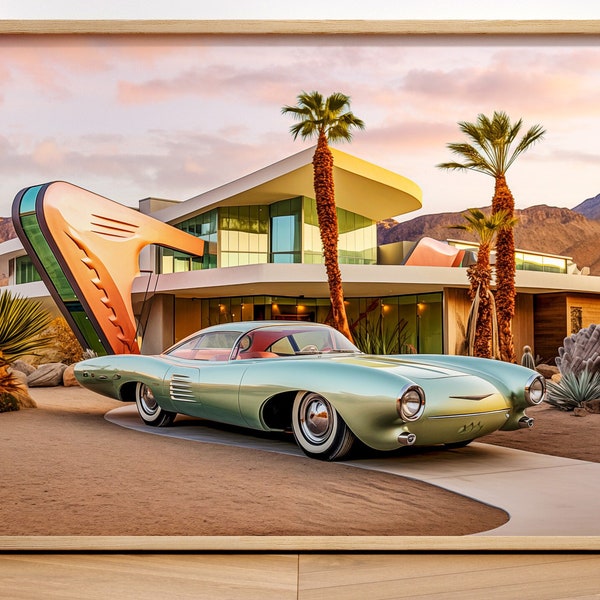 Retro Futuristic Mid Century Modern Home Sci-fi Fifties Car Palm Springs Photo-Realistic Space Atomic Age Wall Art Decor Print Poster