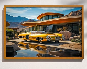 Retro Futuristic Mid Century Modern Home Sci-fi Fifties Car Palm Springs Photo-Realistic Space Atomic Age Wall Art Decor Print Poster