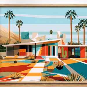 Könnte beinhalten: Ein gerahmter Kunstdruck mit einem farbenfrohen Haus im Stil der Moderne der Jahrhundertmitte mit Palmen und einer Wüstenlandschaft. Das Kunstwerk verwendet geometrische Formen und leuchtende Farben, darunter Orange, Türkis und Gelb. Der Druck wird auf einem Holzboden präsentiert.