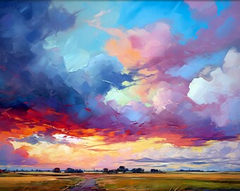 Landscape Painting Abstract Expressionistic Grassland Prairie Storm Clouds  Large Print Wall Decor