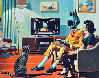 Aliens and Cats Retro Sci-Fi Art Print Poster Decor Alien Art SciFi Weird Funny Cosmic Alien Cats Space 50s 60s Mid Century Modern Pulp Art