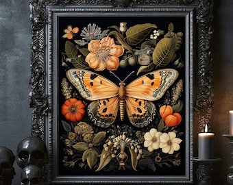 May include: A black framed print with an orange and black butterfly surrounded by flowers and leaves on a dark background.