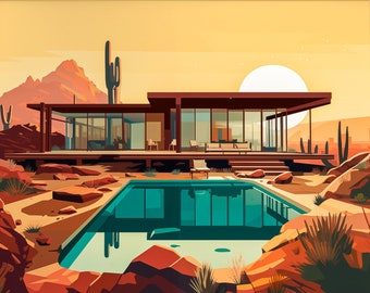 Mid Century Modern Palm Springs Swimming Pool House Architecture Art Print Poster Design Eames Era Retro Wall art