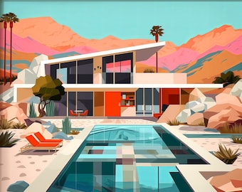 May include: A framed illustration of a modern, white house with a swimming pool in front of it. The house has a flat roof and large windows. The pool is surrounded by a patio with lounge chairs. The background is a desert landscape with mountains in the distance.