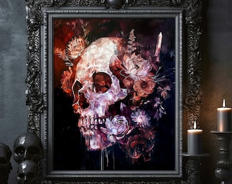 Skull with Flowers and Crystals Vintage Skull Painting Gothic Skeleton Art Poster Print Dark Academia Floral