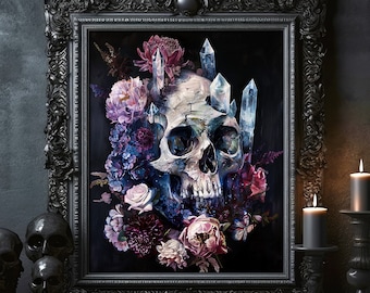 Skull with Colorful Flowers and Crystals Vintage Skull Painting Gothic Skeleton Art Poster Print Dark Academia Floral