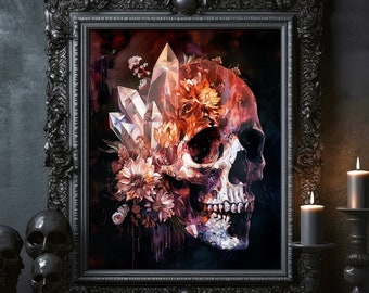 Skull with Colorful Flowers and Crystals Vintage Skull Painting Gothic Skeleton Art Poster Print Dark Academia Floral