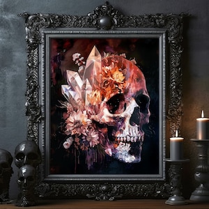 Skull with Colorful Flowers and Crystals Vintage Skull Painting Gothic Skeleton Art Poster Print Dark Academia Floral