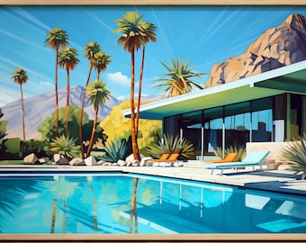 Mid Century Modern Palm Springs House Swimming Pool Architecture Print Wall Art Painting Decor Eames Era Retro Wall Art