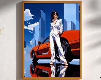 Woman standing with Red Ferrari Nagel Style wall decor 1990s 1980s Vaporware Sophisticated Strong Luxury Feminism Modern Ferrari Art Print
