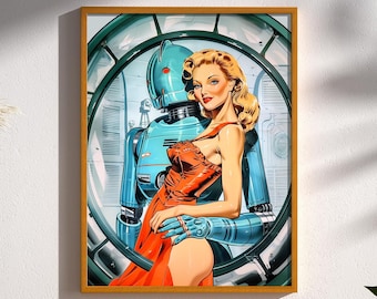 ポップアート ロボットアート ヴィンテージSFアートプリント - レトロなロボットと未来的な女性