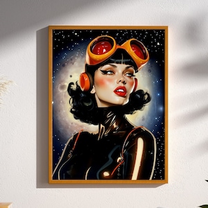 Retrofuture Sci-Fi Space Woman Warrior Astronaut Pulp Art Poster Print Wall Decor Vintage Scifi Mid-Century Modern Science Fiction