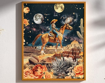 Space Cowgirl Cowboy Sci-Fi Vintage Western Collage Cosmic Trails Retro-Future Space Time Adventure Wall Art Print Poster Decor