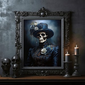 Gothic Victorian Lady Skeleton Macabre Painting Poster Print Dark Academia Skeleton Ghost Halloween Horror Decor