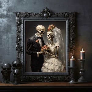 Skeleton Wedding Bride and Groom ghosts Gothic Victorian Macabre Painting Poster Print Dark Academia Skeleton Halloween Horror Decor