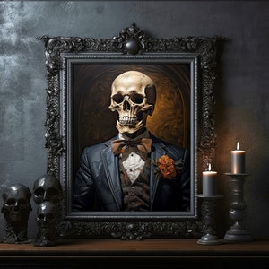 Gothic Victorian Skeleton Gentleman Macabre Painting Poster Print Dark Academia Skeleton Ghost Halloween Horror Decor