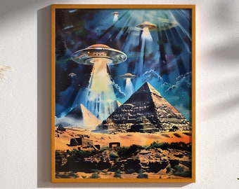 UFO Above Pyramids Retro Sci-Fi UFO Wall Art Decor Print Poster Alien Art Roswell Cosmic 50s 60s Mid Century Modern Pulp Art