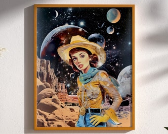 Space Cowgirl Cowboy Sci-Fi Vintage Western Collage Cosmic Trails Retro-Future Space Time Adventure Wall Art Print Poster Decor