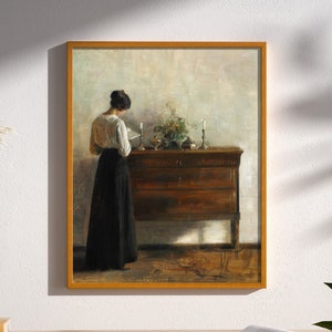 Woman Reading at a chest of drawers by Carl Holsoe Antique Painting Reproduction Print Poster Wall Art Decor Victorian Era Vintage