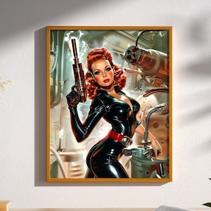 Retro Futuristic Sci-Fi Space Woman Warrior Astronaut Pulp Art Poster Print Wall Decor Vintage Scifi Mid-Century Modern Science Fiction