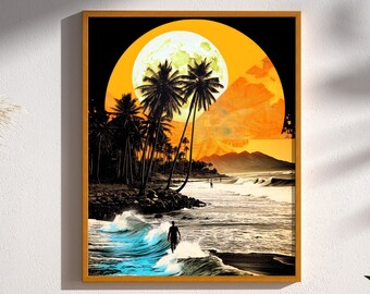 May include: A framed print of a surrealist beach scene with palm trees, a large yellow moon, and a surfer riding a wave. The colors are vibrant and the scene is dreamlike.