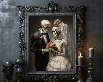 May include: A black ornate frame with a painting of two skeletons dressed in wedding attire. The male skeleton is wearing a black suit and the female skeleton is wearing a white dress with a veil. They are holding a bouquet of white flowers.