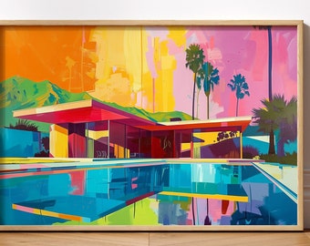 Mid Century Modern House Abstract Wall Art | Expressionist Palm Springs Architecture Print | Colorful Retro Landscape