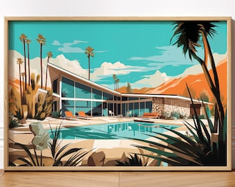 May include: A framed art print featuring a mid-century modern home with a turquoise pool, palm trees, and desert landscape. The artwork has a retro, stylized aesthetic with vibrant colors and a sunny, vacation vibe.