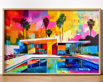 Mid Century Modern House Abstract Wall Art | Expressionist Palm Springs Architecture Print | Colorful Retro Landscape