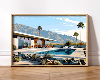 Mid Century Modern Palm Springs Swimming Pool House Architecture Art Print Poster Design Retro Wall art
