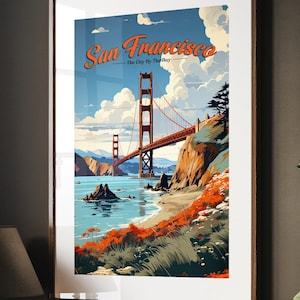 San Francisco Golden Gate Bridge California Vintage Retro Travel Poster Print Wall Art Decor San Francisco Illustration