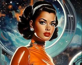 May include: A framed art print featuring a retro-futuristic illustration of a woman in an orange outfit. The artwork has a space-themed background with planets and stars. The woman has dark hair, red lipstick, and is wearing a white headband.