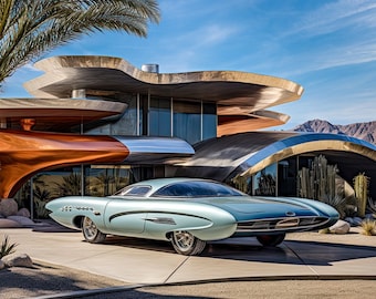 Retro Futuristic Mid Century Modern Home Sci-fi Fifties Car Palm Springs Photo-Realistic Space Atomic Age Wall Art Decor Print Poster
