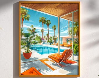Mid Century Modern Palm Springs Swimming Pool House Architecture Art Print Poster Design Retro Wall Art