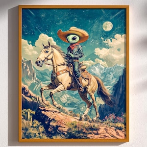 The Good, The Bad, and The Bug-Eyed, Aliens and Cowboys Retro Pulp Western Sci-Fi UFO Roswell Mid Century Wall Art Decor Print Poster