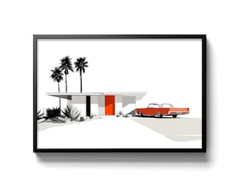 Mid Century Minimalist Architectural Wall Art | Modern House Illustration Print | Architecture Poster | Palm Springs Style Decor