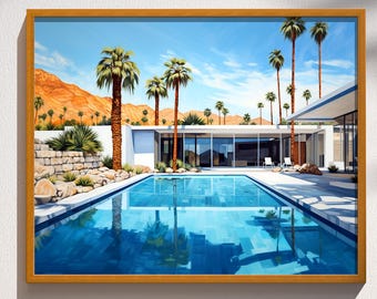 Mid Century Modern Palm Springs House Swimming Pool Architecture Print Wall Art Painting Decor Retro Wall Art