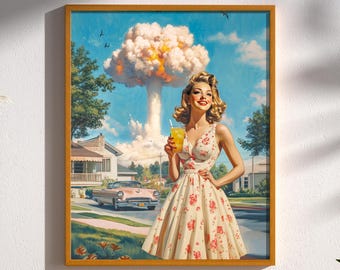 Atomic Lemonade Vintage Mid Century Modern Era Nuclear Family Mushroom Cloud Surreal Dark Humor Retro Housewife Wall Art Decor Print Poster