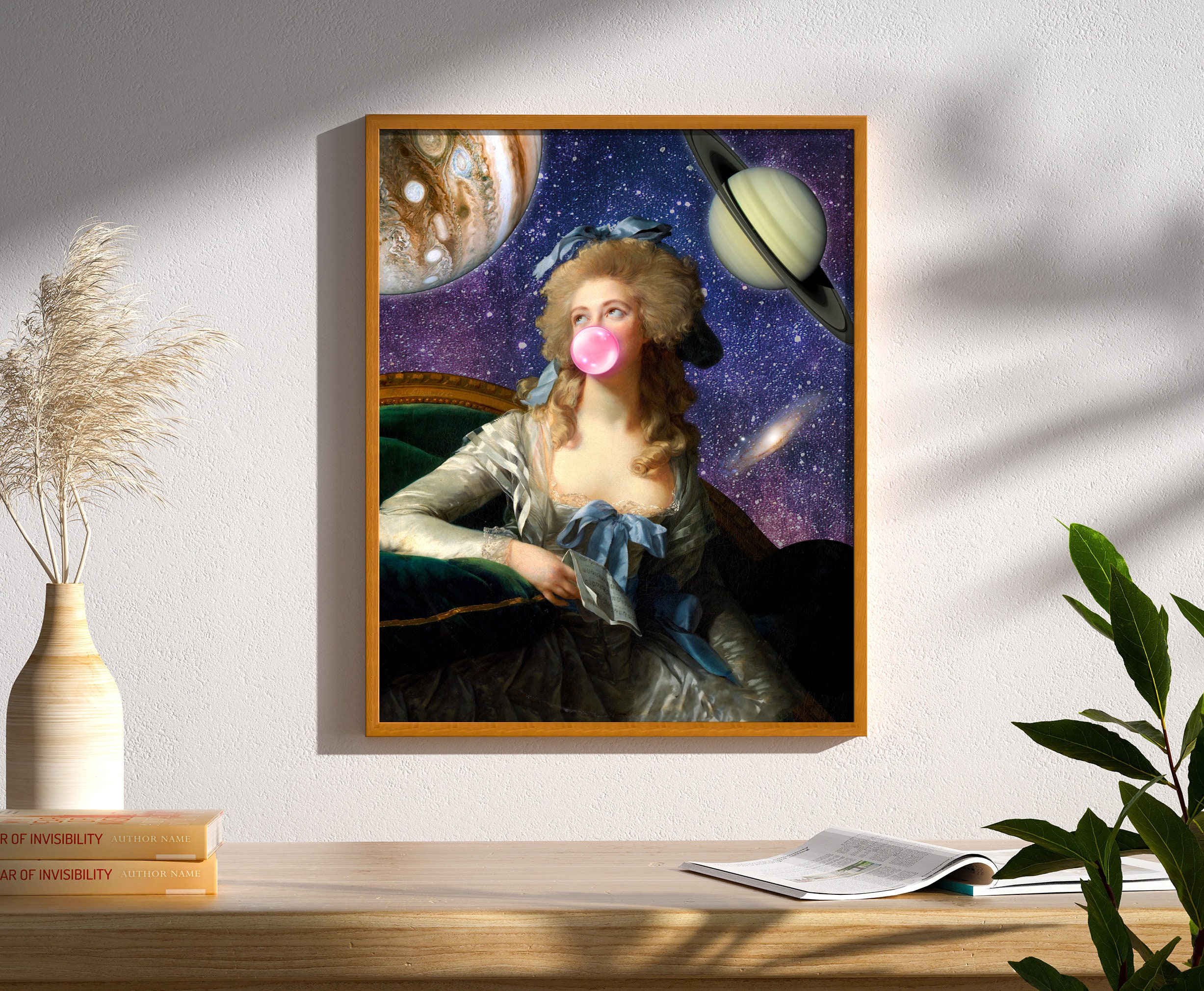 Pink Bubble Gum Blowing Surreal Collage Vintage Altered Portrait