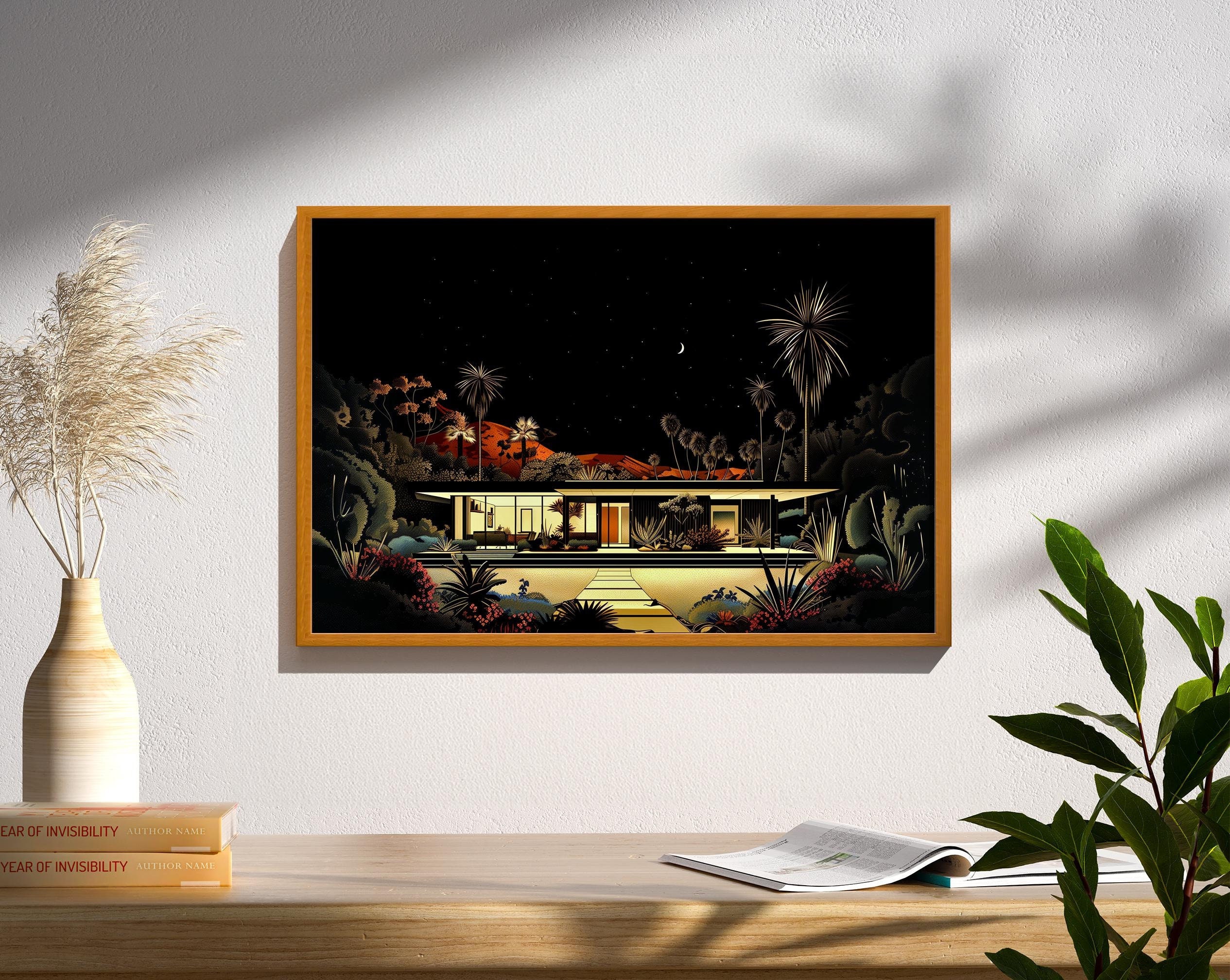Mid-Century Modern Palm Springs House at night Architecture Art Print Poster Design Eames Era Retro Wall Art
