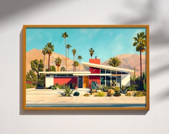 May include: A framed art print of a mid-century modern home with a red accent wall, set against a backdrop of palm trees, mountains, and a bright blue sky. The artwork features a minimalist design with a focus on clean lines and vibrant colors.