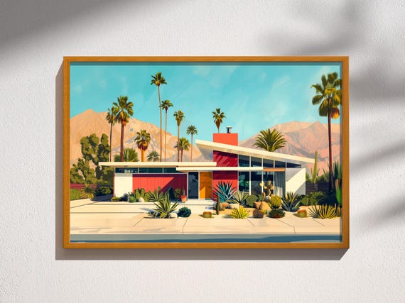 Modernica Palm Graphics アートポスター 額装 Mid Century Modern Palm Springs House Architecture Art Print